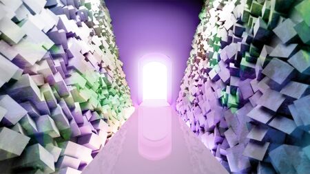 Futuristic  road to light in a room with geometric shapes on the walls