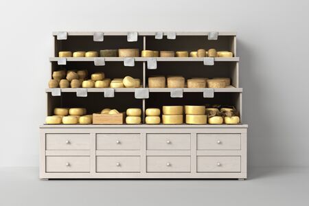 cheese on shelves in a supermarket 3d render illustrationの写真素材