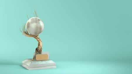 modern concept award gold braided tree goblet with a large pearl 3d render on color gradientの写真素材