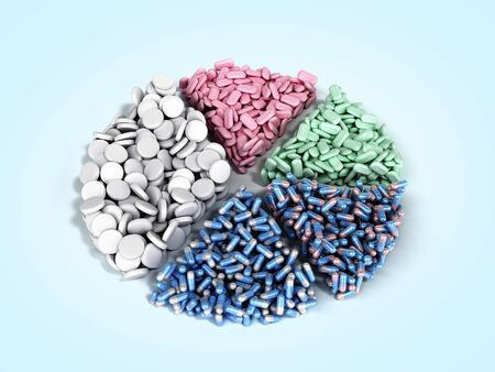 Medical pills in the form of sections of a pie chart on blue