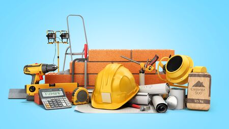 modern construction costing concept hard hat bricks wall and tape measure in the drawings next to the calculator 3d render on blue gradientの写真素材