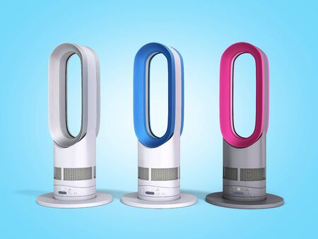 different color modern air purifiers with heating and cooling function 3d render on blue gradient