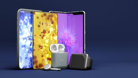 smartphones and accessories on the presentation background 3d render on darck blue