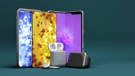  smartphones and accessories on the presentation background 3d render on color gradient