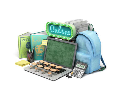 online education concept Blue backpack with school supplies and laptop 3d render on white