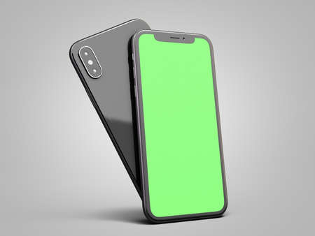 modern smart phone with blank green screen 3d render on a gray gradient background
