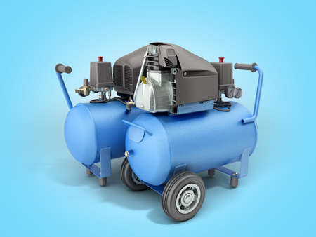 modern Blue Air Compressor 3d render on blue gradient backgroundの写真素材