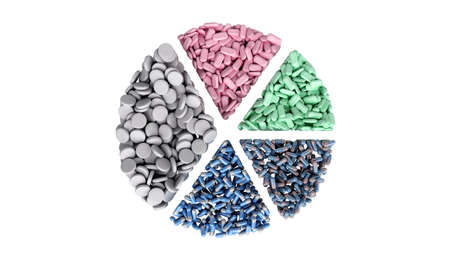 medical pills in the form of sections of a pie chart Dietary supplement concept 3d render on wwite...