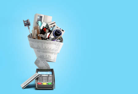concept of online ordering of home appliances the technique is wrapped in a check coming from the...