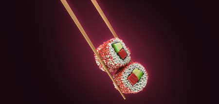 showcase product presentation rolls sandwiched between two sticks for sushi 3d render on darck redの写真素材