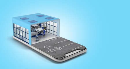 concept of mobile car service service station and parking on the mobile phone screen 3d render on...