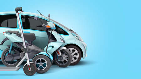 concept of individual electric transport different type of electric machines on 3d render on blue...