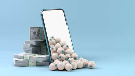 views monetization concept successful blog eyes fall out of the phone screen bundles of dollar bills...