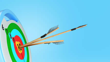 an arrow hits the target by cutting another arrow in half 3d render on blue gradient