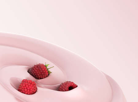 Raspberries float in a yogurt Presentation of dairy products flavored 3d render image on color gradientの写真素材