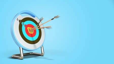 an arrow hits the target by cutting another arrow in half 3d render on blue gradientの写真素材