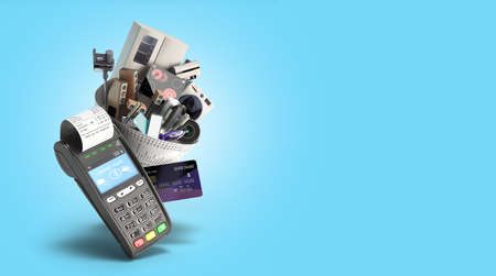 concept of online ordering of home appliances the technique is wrapped in a check coming from the card terminal 3d render on blue gradientの写真素材