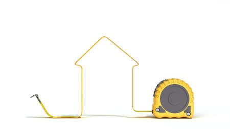 building tape measure with house shaped tape 3d render on whiteの写真素材