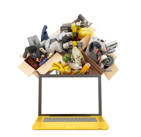 online ordering of goods from a hypermarket. Products clothing and household appliances in boxes over laptop with blank screen 3d render on white no shadowの写真素材