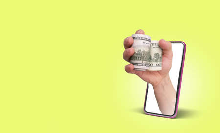 income concept mobile banking lottery or trade Easy Money hand passes dollar bills in bundles...