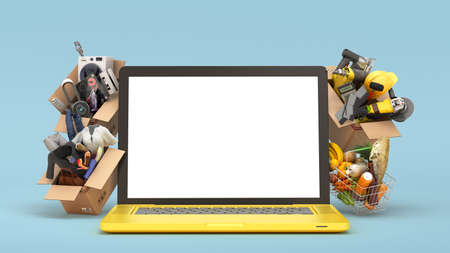 online ordering of goods from a hypermarket. Products clothing and household appliances in boxes...