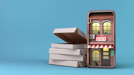 cafe in the phone screen concept of online ordering food viewing the menu from home 3d render illustration on blue backgroundの写真素材