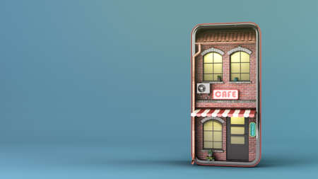 cafe in the phone screen concept of online ordering food viewing the menu from home 3d render illustration on blue gradientの写真素材