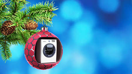 holiday discounts Christmas toy on a spruce branch with a cutout for washer 3d render on blue gradientの写真素材