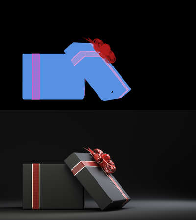 open empty black Gift Boxe whith red ribon from front 3d render Alpha include