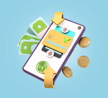 Concept of online bank transfers and payments Smartphone with credit card on screen and bills with...
