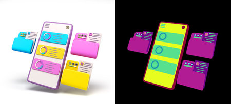 Online storage concept smartphone with file folders on screen 3d render on white with color alpha