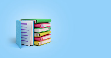 self learning concept blank books in stack 3d illustration on blue gradientの写真素材