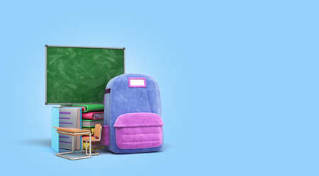online learning concept Blue backpack with school supplies 3d render on blue gradientの写真素材