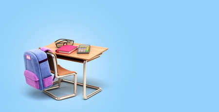 school desk and chair with school supply 3d render on blue gradientの写真素材