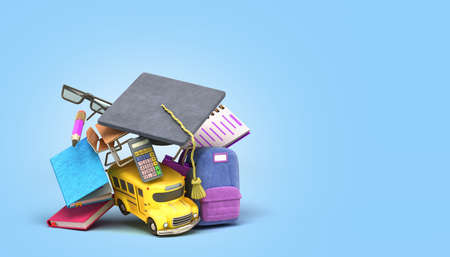 back to school concept school supply flying in air around yellow bus 3d illustration on blue gradientの写真素材
