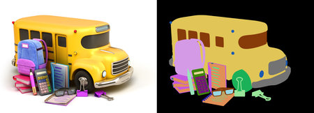 back to school concept school supply flying in air around yellow bus 3d illustration on white with...