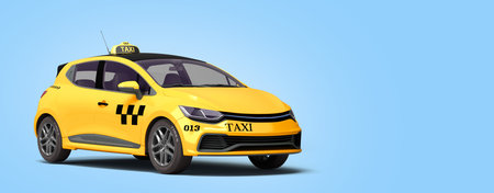 taxi online internet service transportation concept yellow taxi 3d render on blue gradientの写真素材