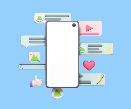 mobile application development concept smartphone with ui elements around 3d render on blue