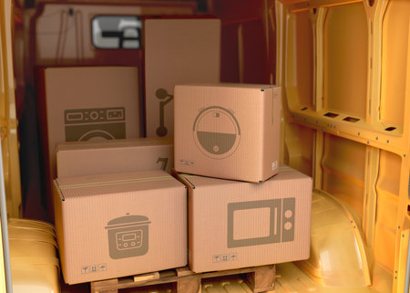 different appliance boxes set in the back of a minibus delivery concept 3d illustrationの写真素材