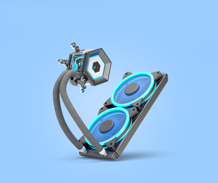 high performance Desktop PC and Cooling system 3d render on blue
