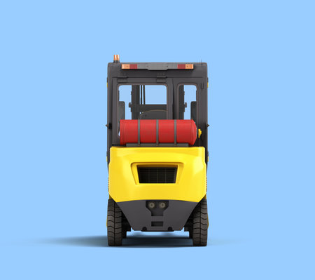 forklift loader back side view industrial vehicle concept 3d render on blue backgroundの写真素材