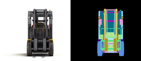 forklift loader front side view industrial vehicle concept 3d render on white with colored alpha