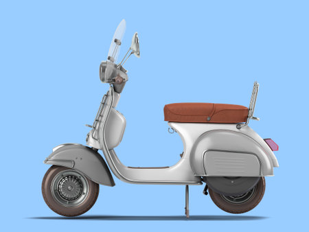 White retro scooter personal transport for busines left view 3d render on blue backgroundの写真素材