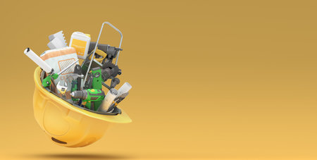different tools set inside the helmet concept of repair tools warehouse promotion 3d render on color backgroundの写真素材
