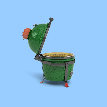 Small barbecue green color BBQ grill with open lid for outdoor prepare meat food right view 3d illustration on blueの写真素材
