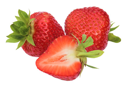 Isolated strawberries. Collection of whole and cut strawberry fruits isolated on white background with clipping pathの写真素材