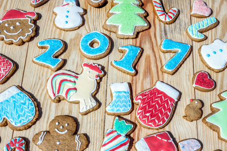 Gingerbreads are decorated for the new year and Christmas (can be used as card)の写真素材