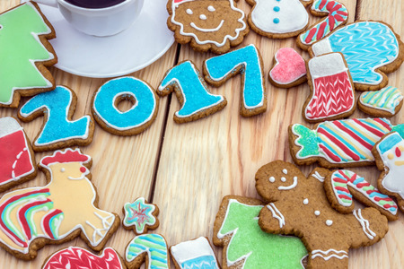 Gingerbreads are decorated for the new 2017 year (can be used as card)の写真素材