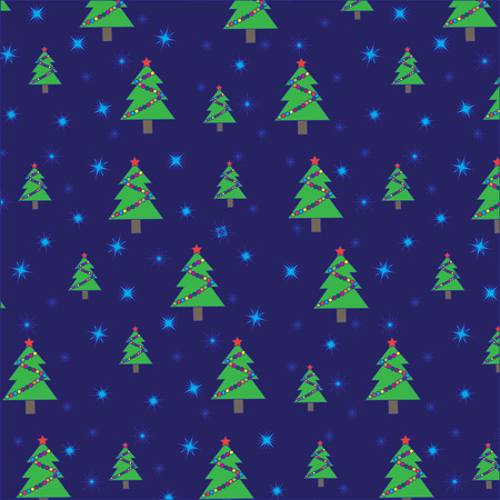 Christmas tree with garland and snowflakes on dark blue background. Seamless patternのイラスト素材