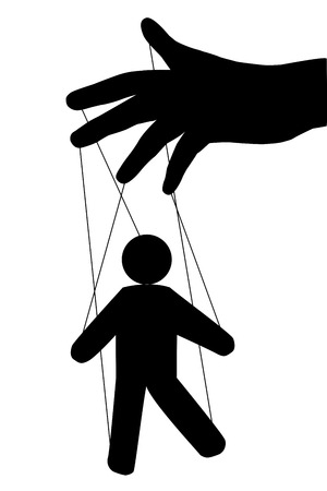 Puppet man. Vector isolated. Globalization. Hidden people management. New world order. hand puppet Managementのイラスト素材